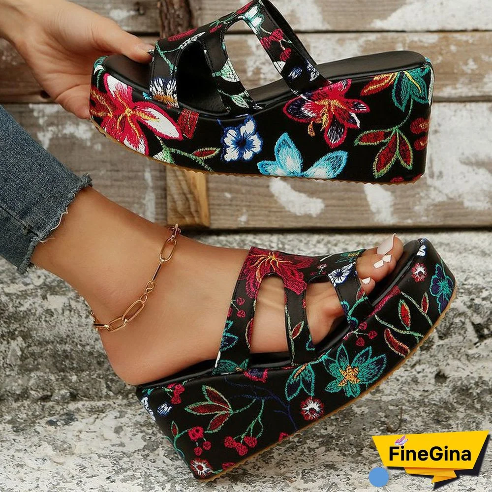 Women Floral Embroidery Hollow out Wide Strap Wedge Slippers Shoes