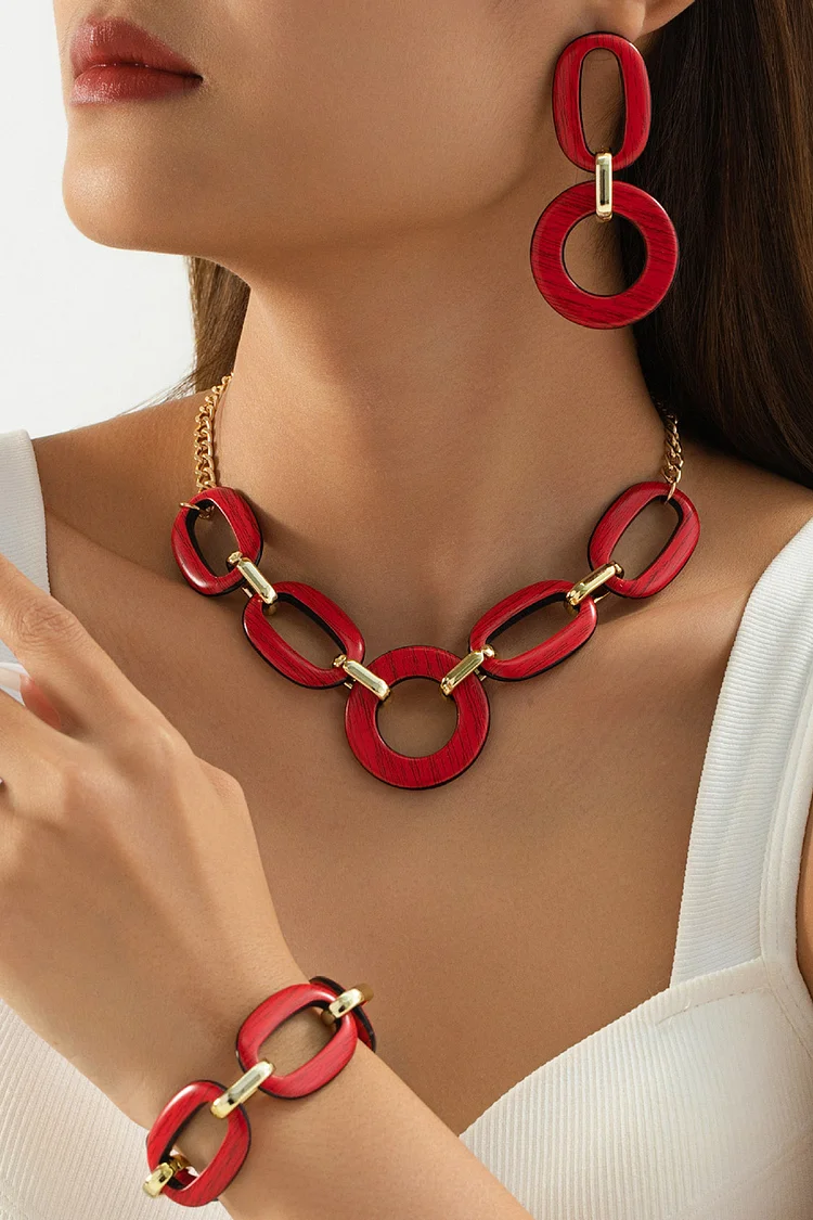 Daily Red Geometric Earrings Necklace Bracelet Jewelry Set 2024 - Xpluswear
