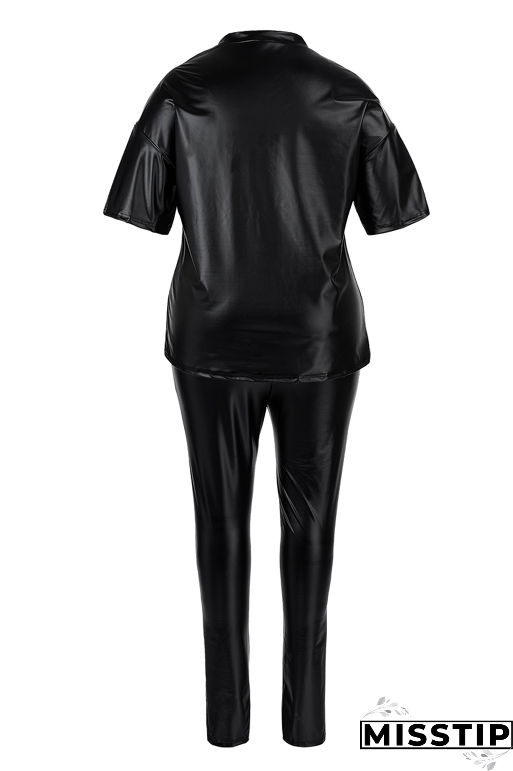 Black Casual Solid Patchwork O Neck Plus Size Two Pieces