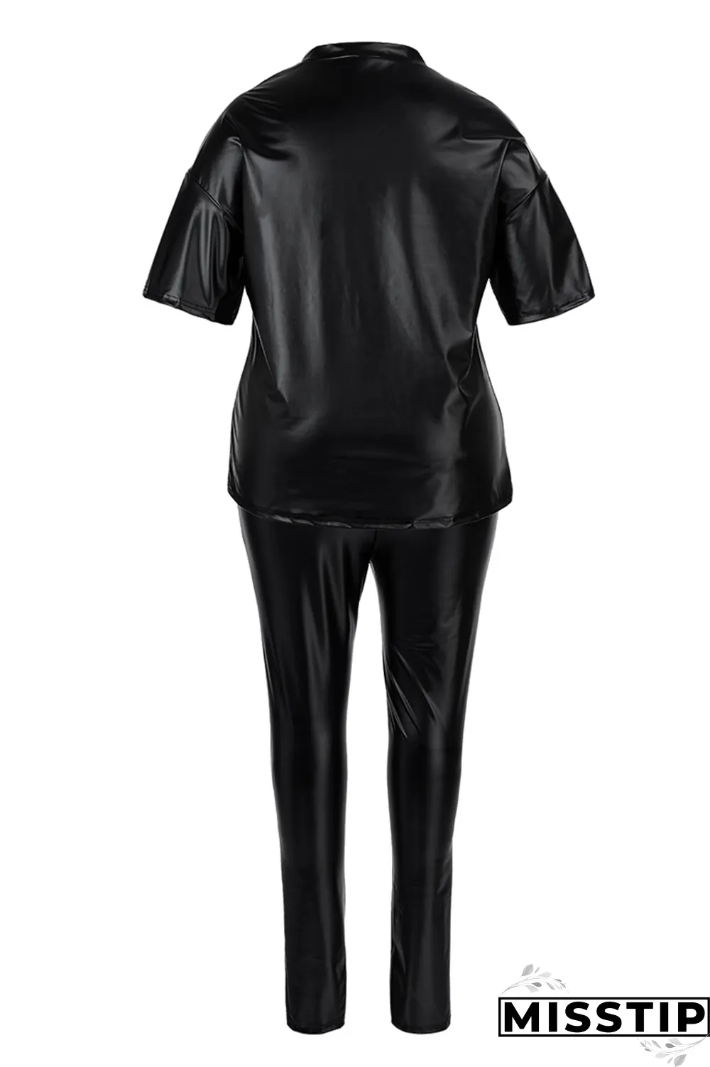 Black Casual Solid Patchwork O Neck Plus Size Two Pieces
