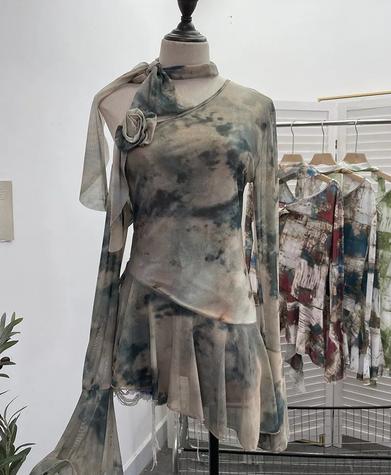 Churchf Spice Girls Inclined Shoulder Horn Long-Sleeved T-Shirt Around The Neck With Flowers Lotus Leaf-Lace Mesh Yarn Women 9985
