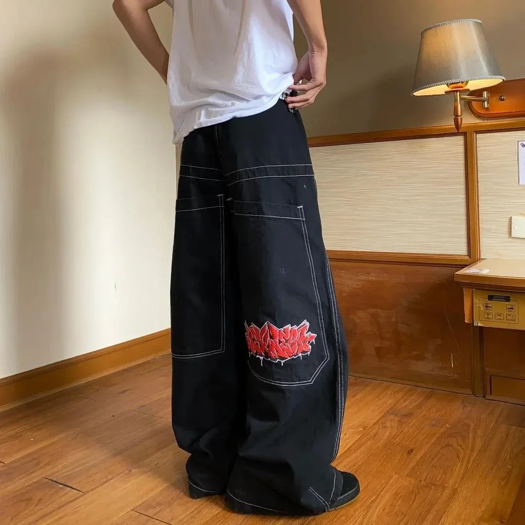 Parigaminghub how to style cargo pants women Y2K Harajuku simple embroidery popular design baggy high waist jeans men's 2025 hip-hop street casual lazy style straight pants Pants