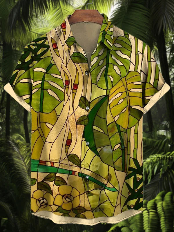 Men's Tropical Palm Leaf Stained Glass Windows Art Print Shirt