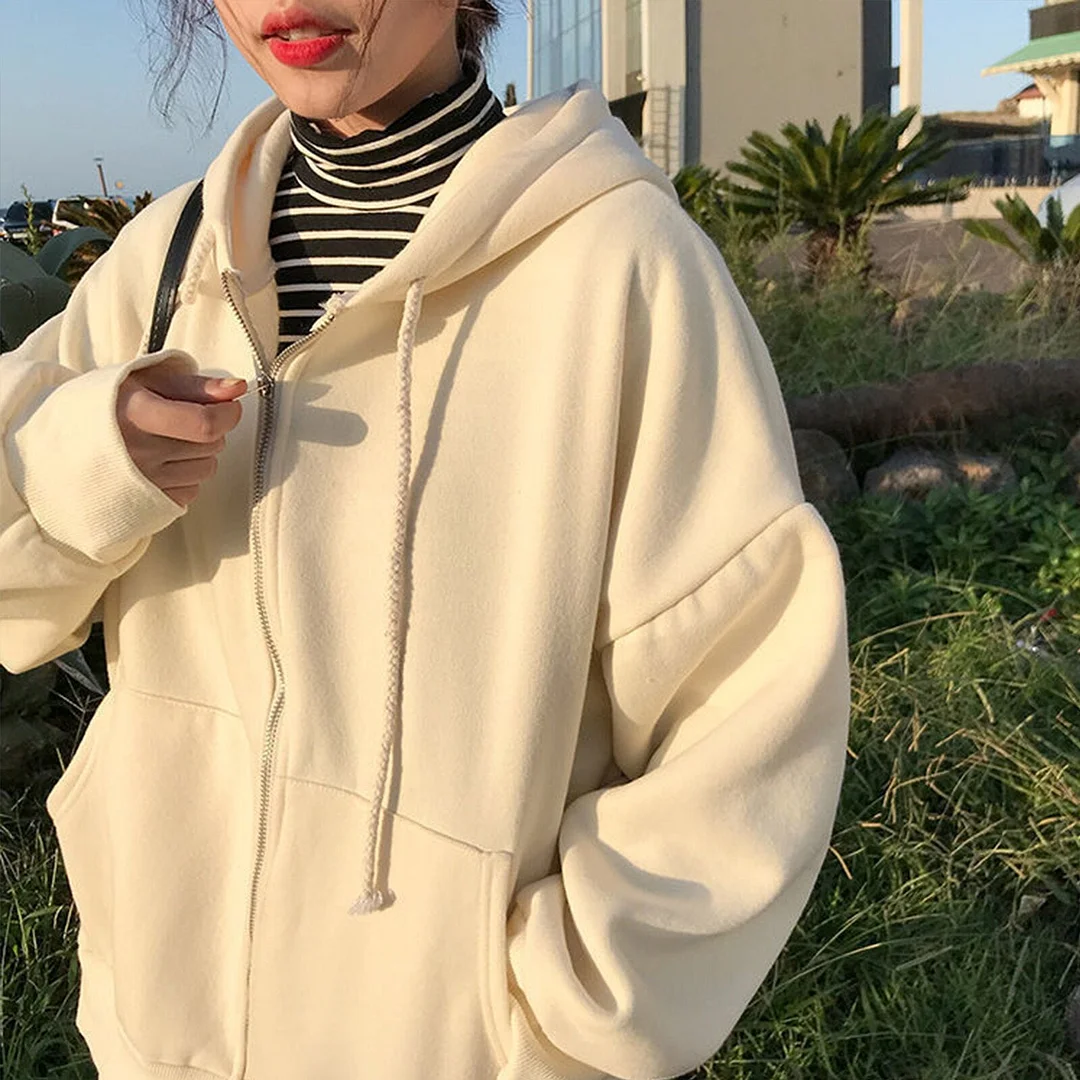 2021 Y2K Women Loose Simple Style Plush Hoodie Vintage Solid Color Zip Long Sleeve Jacket Hip-Hop Autumn Winter Sweatshirt Coat