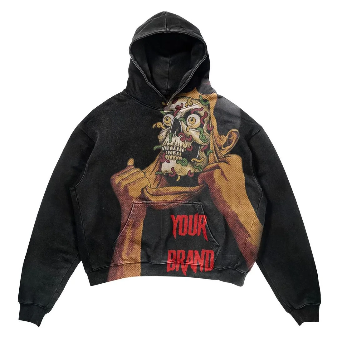 Woherb printed hooded sweater men and women high street personality ins loose hooded sweater Y2K comfortable pullover jacket