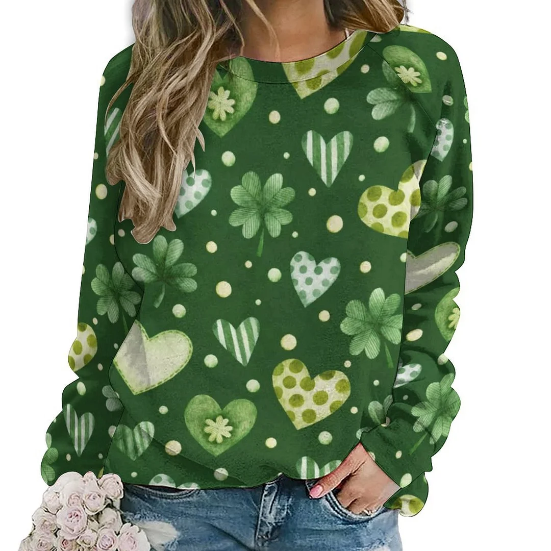 Printed Long Sleeve Casual Sweatshirt for  Women and Men Unisex Pattern St. Patrick's Day, Green, Clover, Lucky