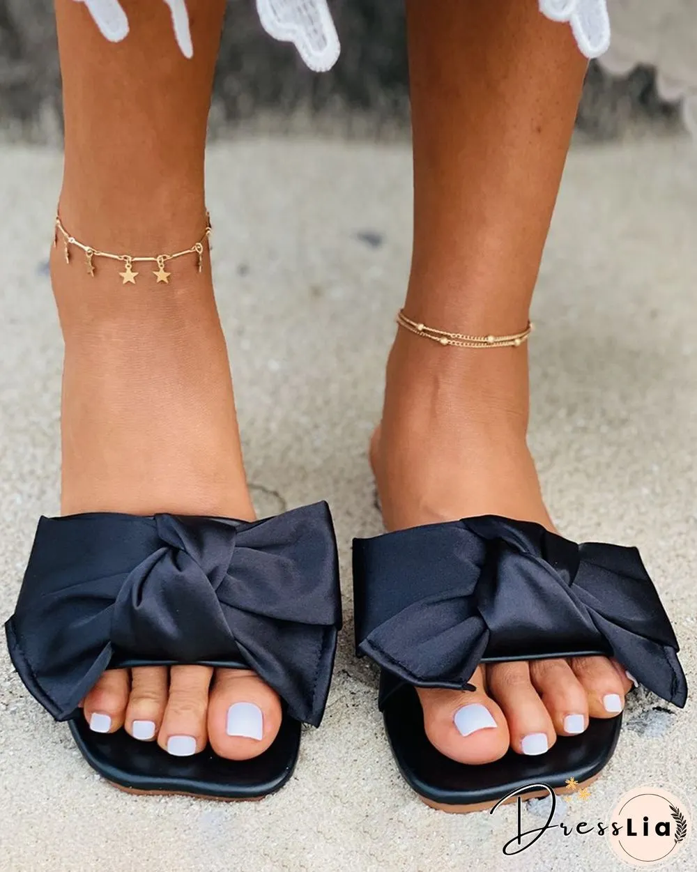Square Toe Bowknot Decor Slipper