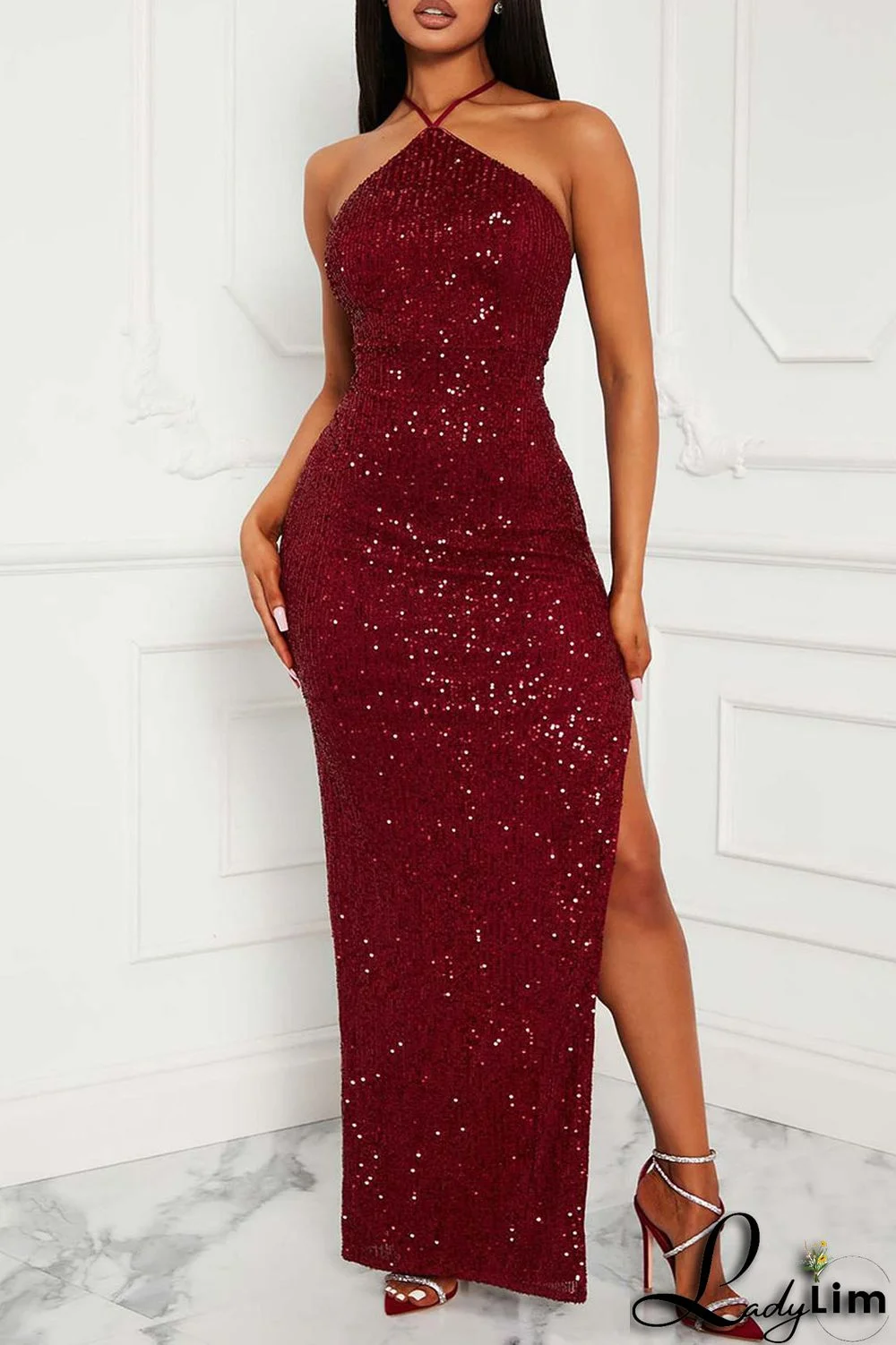 Burgundy Sexy Solid Sequins Patchwork Slit Halter Evening Dress Dresses