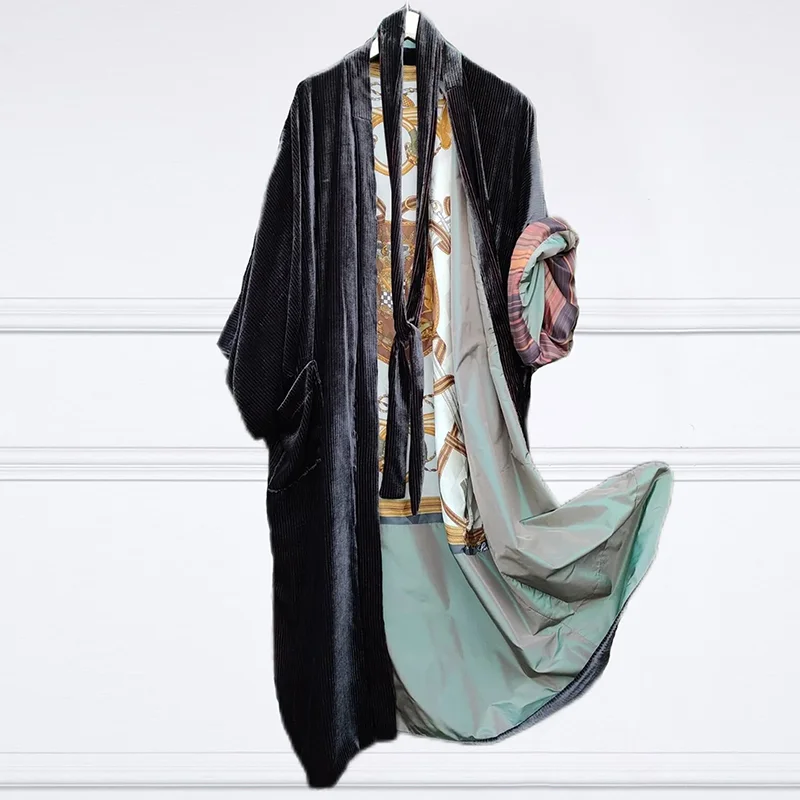 Fashion Lining Vintage Print Corduroy Kimono Duster