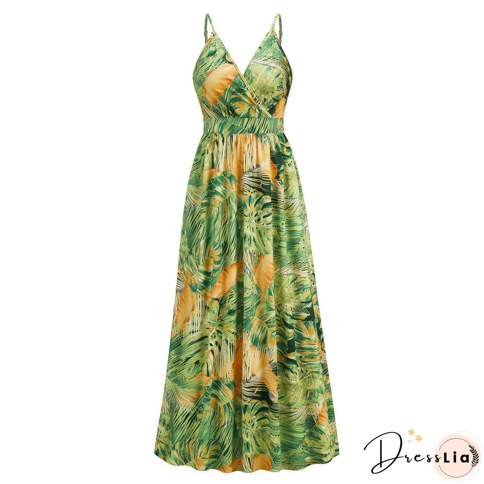 Bohemian print maxi dress sexy V-neck slip dress