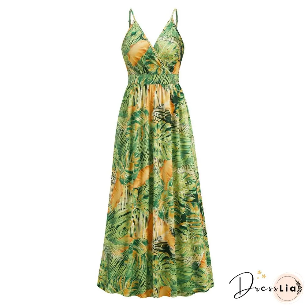 Bohemian print maxi dress sexy V-neck slip dress