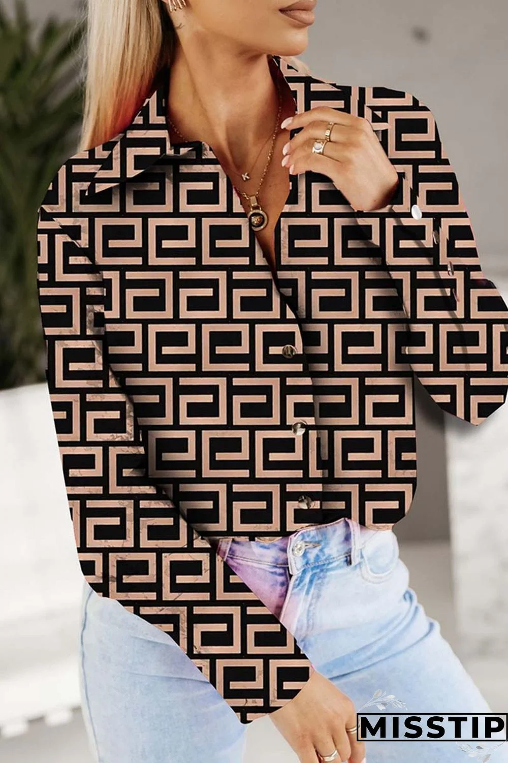 Black Apricot Casual Print Patchwork Shirt Collar Tops