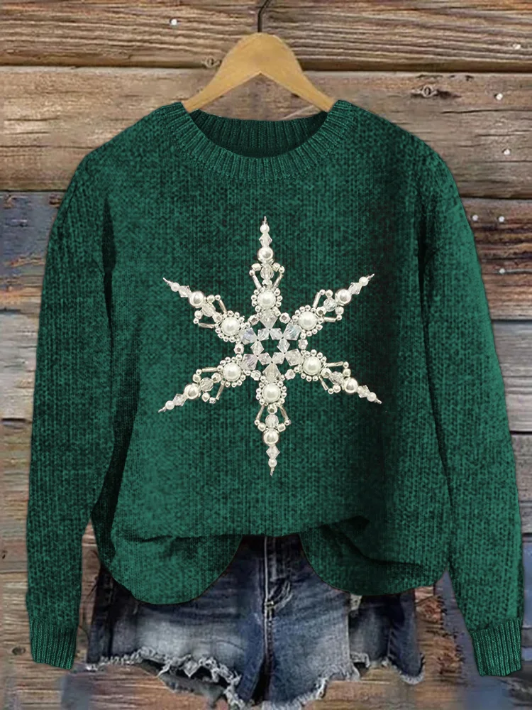 Classy Snowflake Jewelry Art Cozy Knit Sweater