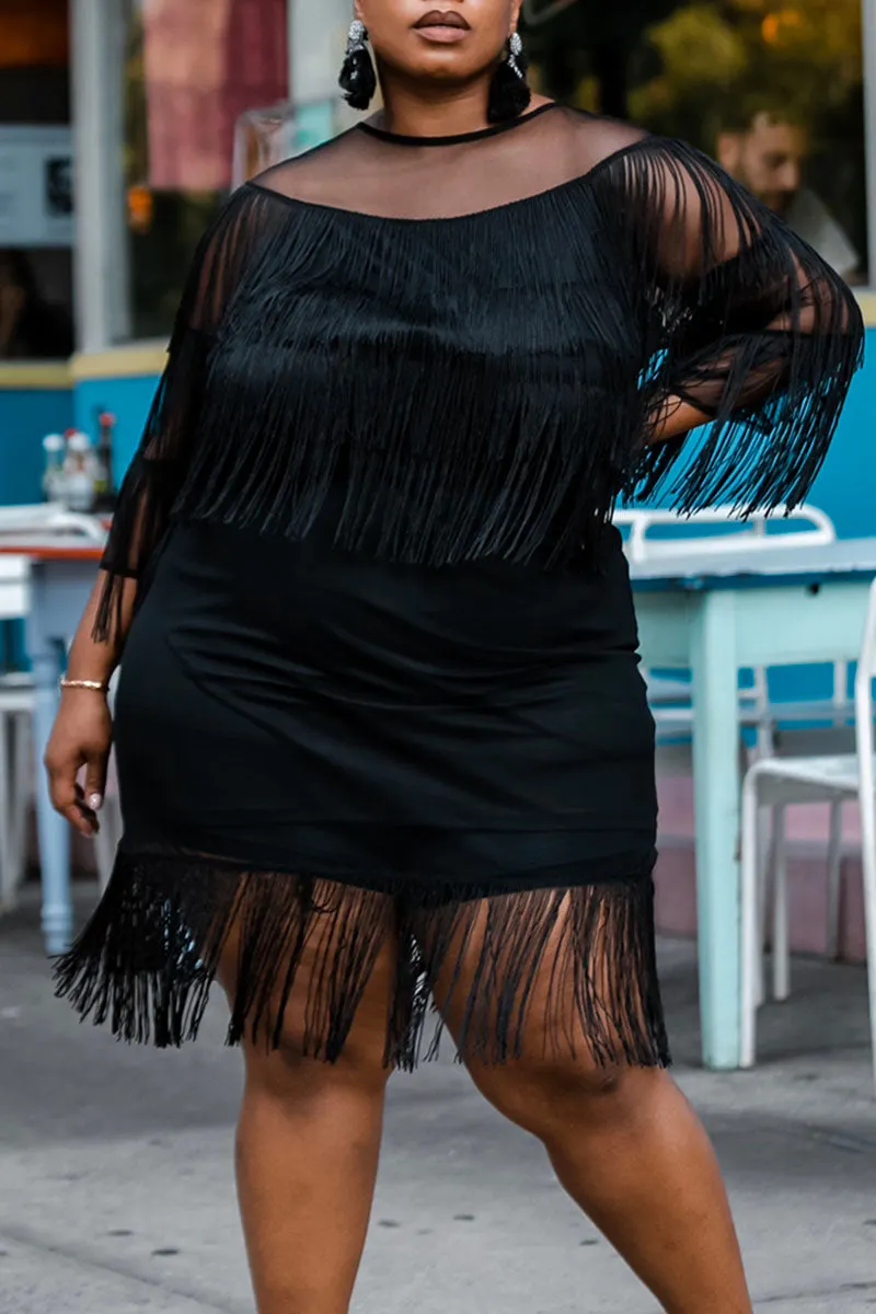 Plus Size Plain Midi Dresses Sheer Fringed