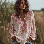 Bohemian Retro Countryside Style Plant Flower Design Cotton And Linen Women's Long-sleeve Shirt - Image 2