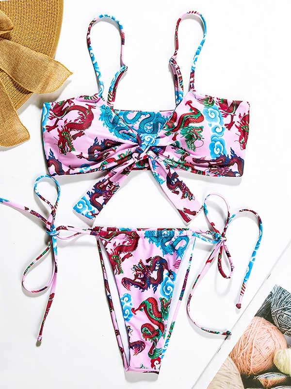 Chinese Style Printing Knotted Bandeau Split Bikini Swimsuit