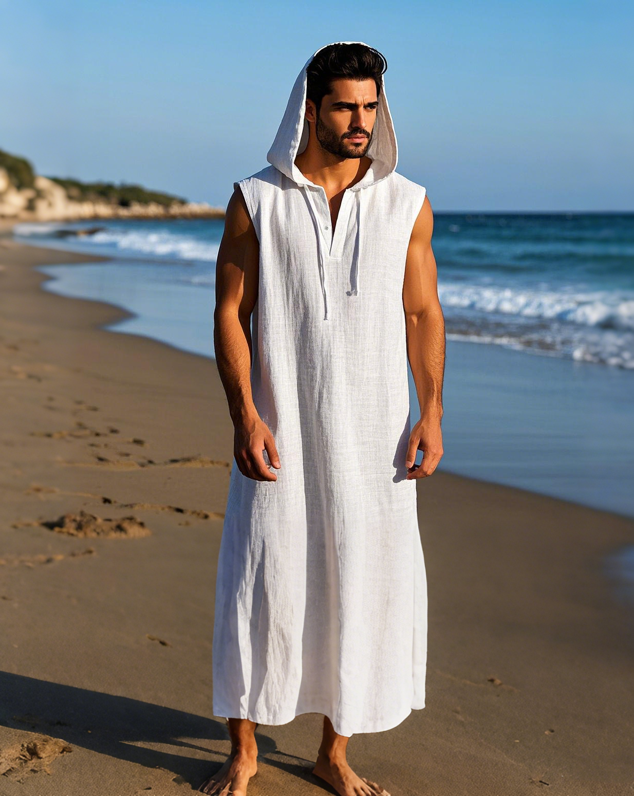 Men's Hooded Sleeveless Linen Kaftan