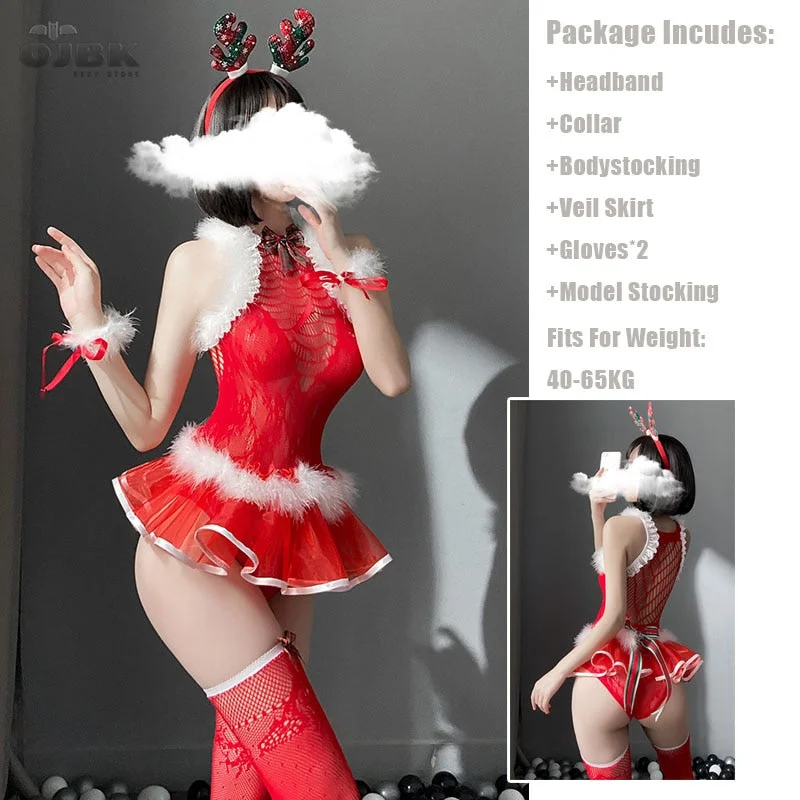 OJBK Christmas Cosplay Costumes Hollow out Outfit Temptation Elk Headband Sexy Lingerie For Women Bra Set Red Fishnet Bodysuit