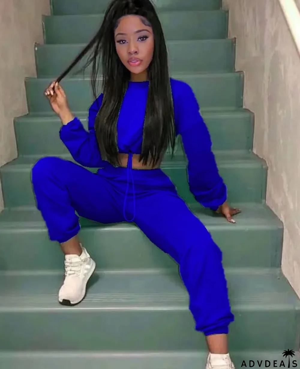 Autumn Solid Color Long Sleeve Crop Top and Track Pants Set