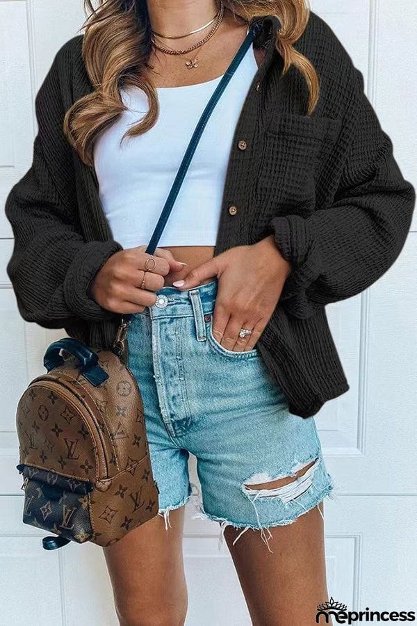 Solid Button Pocket Casual Shirt Waffle Jacket