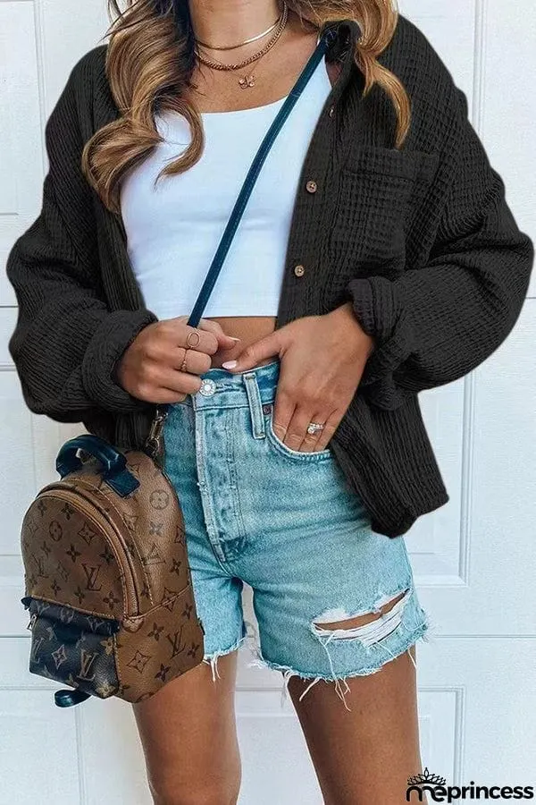 Solid Button Pocket Casual Shirt Waffle Jacket