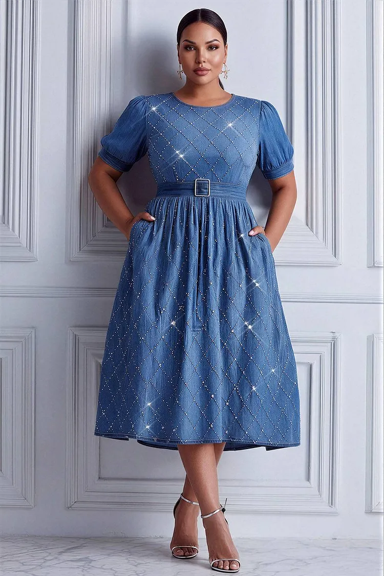 Xpluswear Design Plus Size Business Casual Blue Round Neck Short Sleeve Drilling Pocket Tencel Denim Midi Dresses [Pre-Order] 2024 - Xpluswear