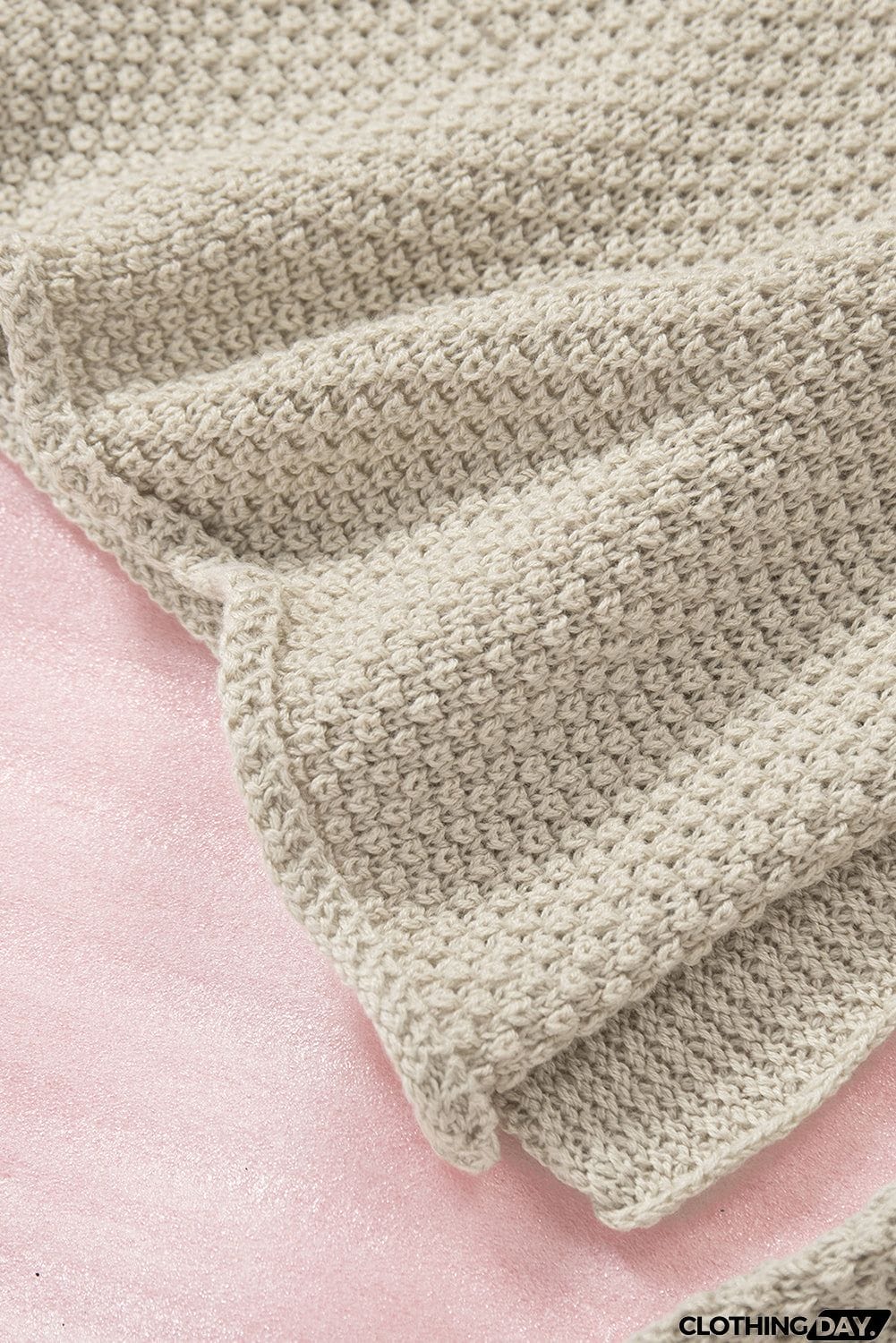 Women's Beige Henley Pullover Drop Shoulder Sweater with Slits