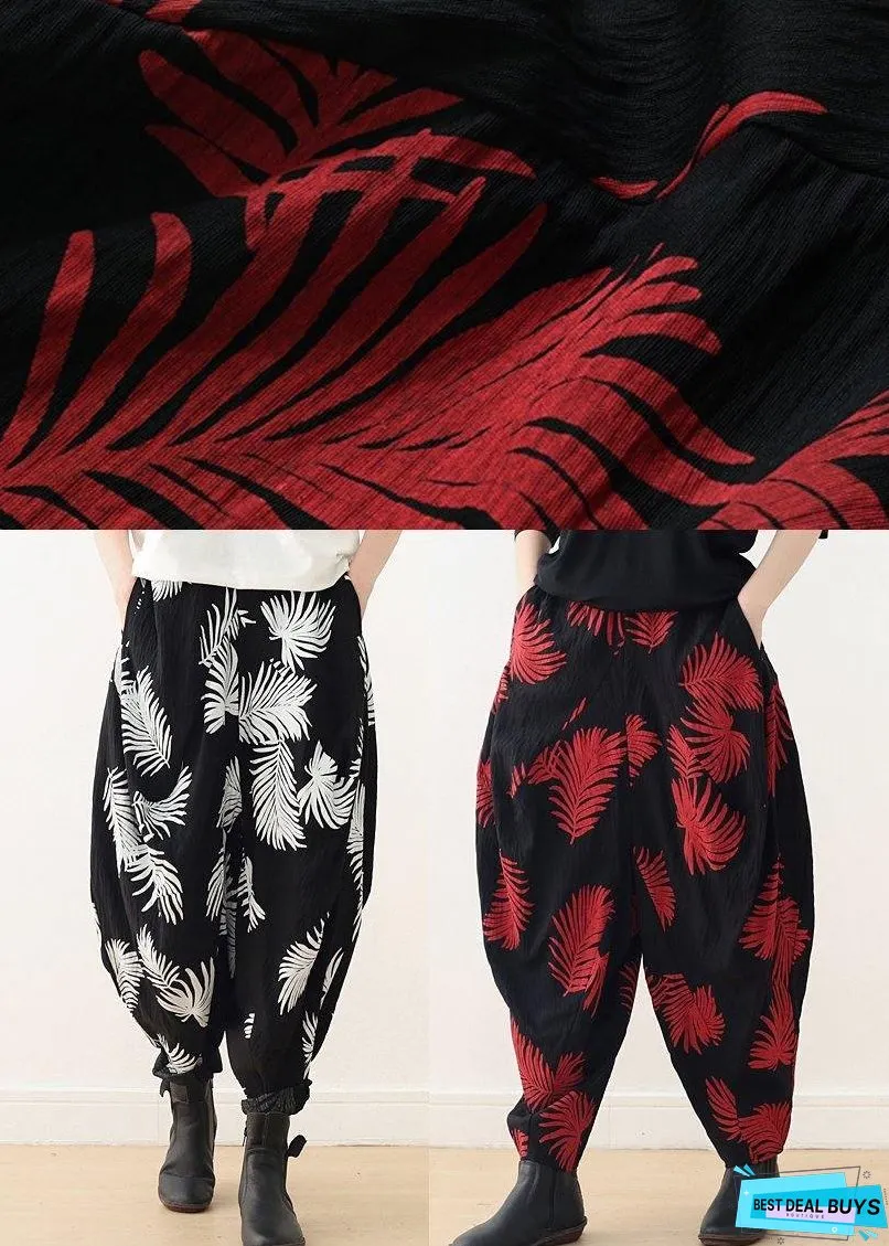 Women White Print Elastic Waist Cotton Pants
