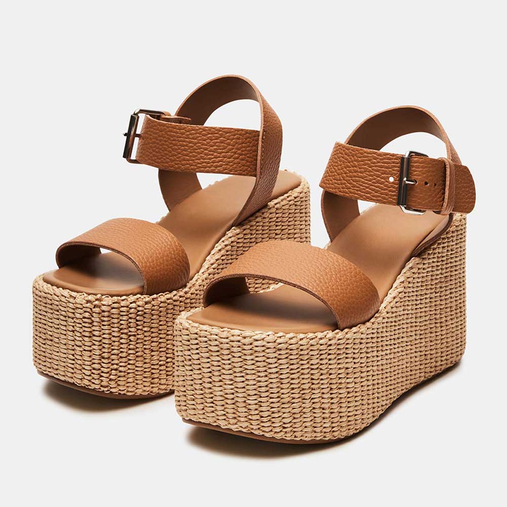 Brown Vegan Leather Buckle Fastening Strap Platform Wedge Sandals Nicepairs