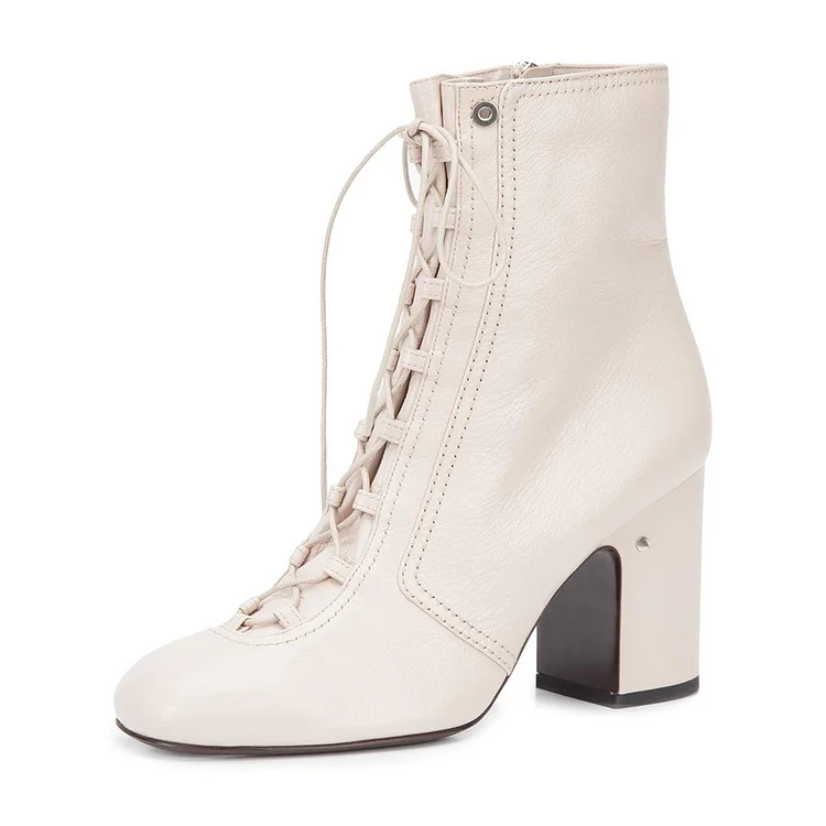 Fall Ivory Chunky Heel Boots Lace up Round Toe Ankle Boots |FSJ Shoes