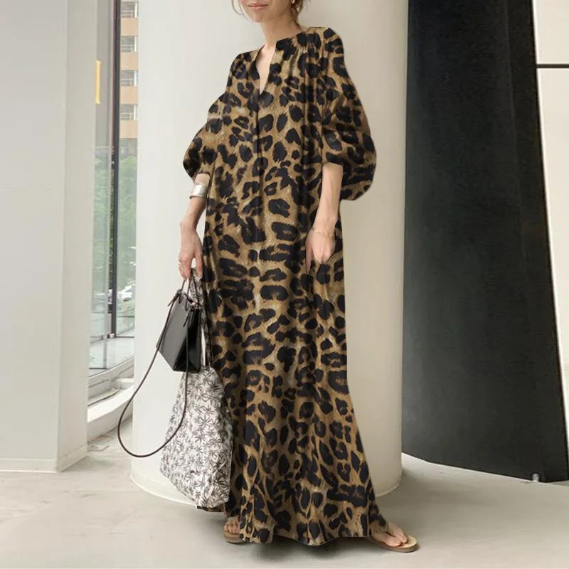 Fashion Printed Maxi Dress Women's Leopard Sundress 2022 ZANZEA Spring Puff Sleeve Long Vestidos Female V Neck Robe Oversize