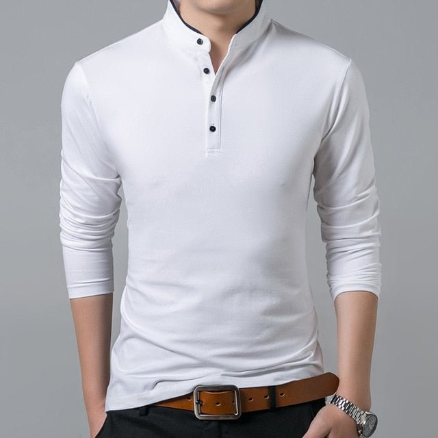 Liseaven T-Shirt Men Cotton T Shirt Full Sleeve tshirt Men Solid Color T-shirts tops&tees Mandarin Collar Long Shirt - BlackFridayBuys