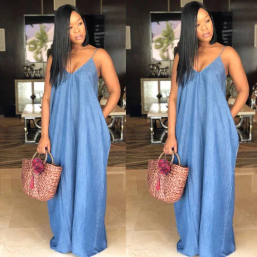 2019 Women Lady Boho Backless Women Ladies Baggy Denim Jeans Maxi Dress Women Dresses Loose Strapless Vestidos Plus Size S-XXXL