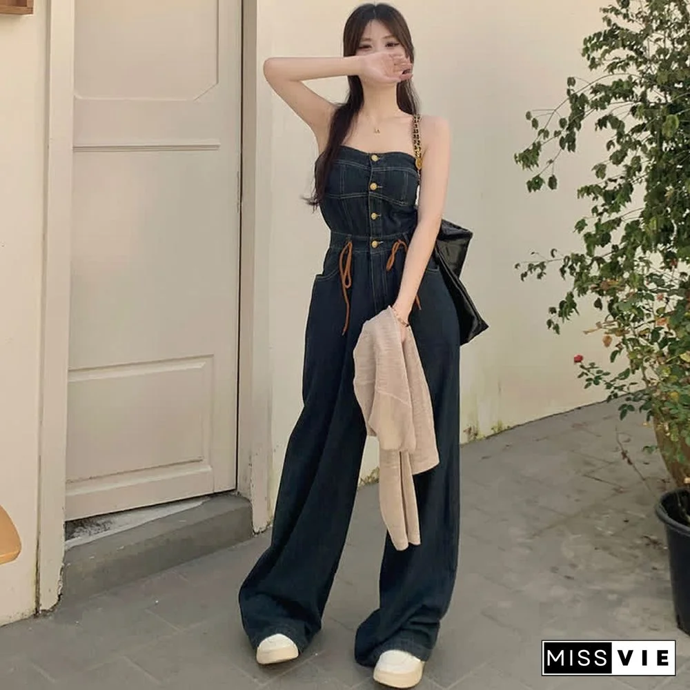 Pure Color Knit Cardigan Off The Shoulder Lace Up Denim Overalls