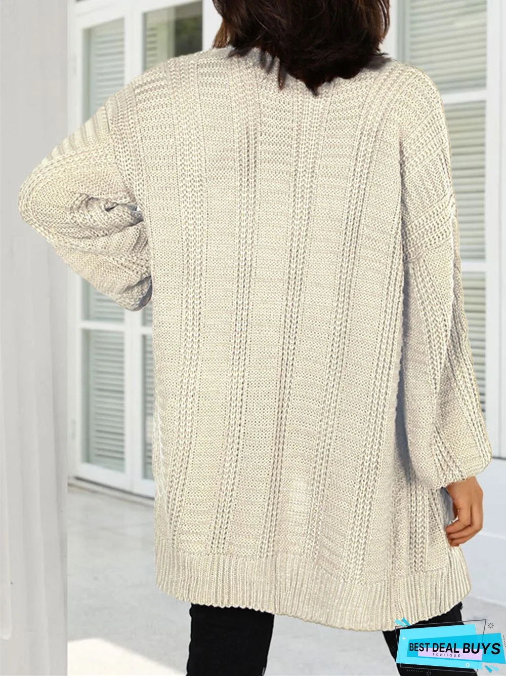 Solid Color V-Neck Lantern Sleeve Cardigan Sweater