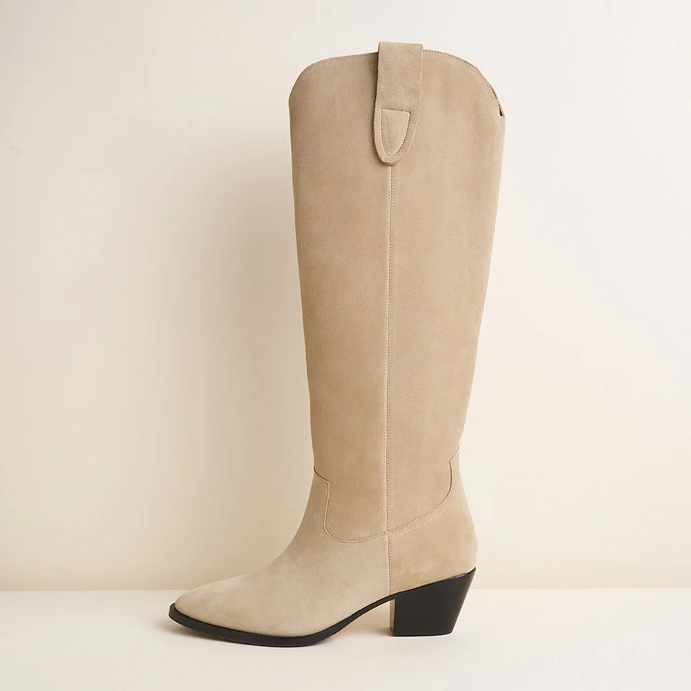 Beige Vegan Suede Chunky Heel Round Toe Western Boots for Women