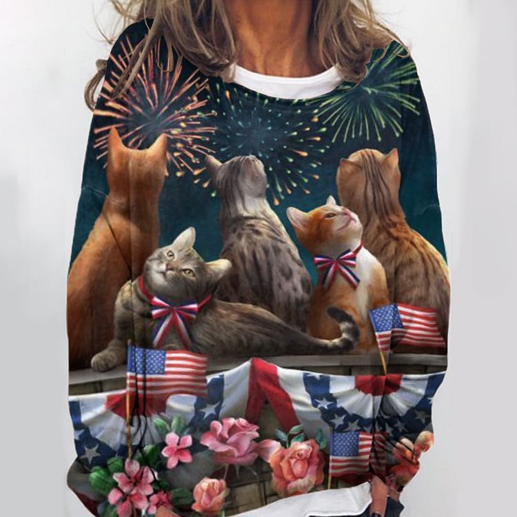 Casual Flag Cat Print Sweatshirt