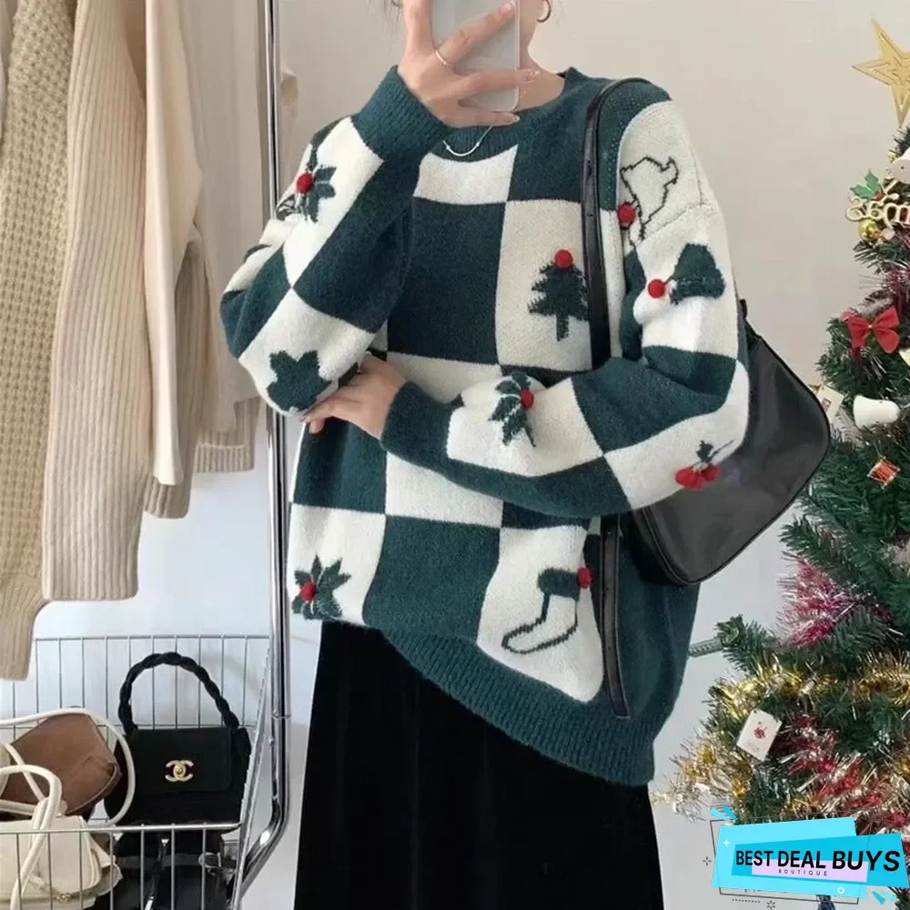 Retro Jacquard Pullover Loose Checkerboard Thickened Sweater