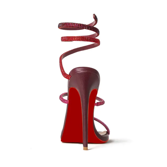 120mm Women's Spiral Strappy Red Bottom Sandals Rhinestone Heels Pull-on Sexy Stilettos-vocosishoes