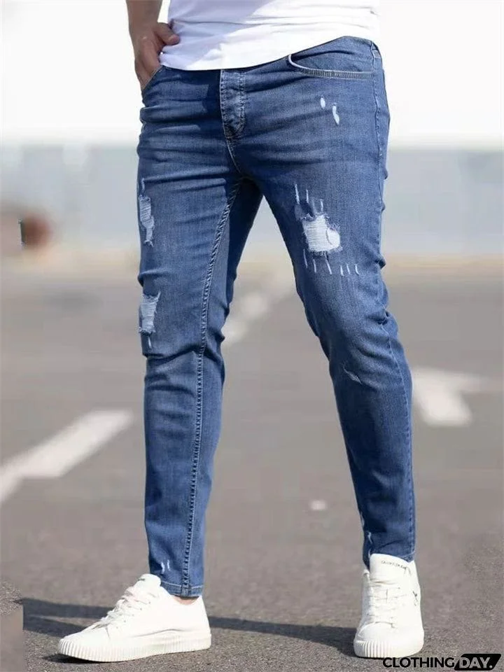 Men's Blue Form-fitting Streetwear Denim Jeans