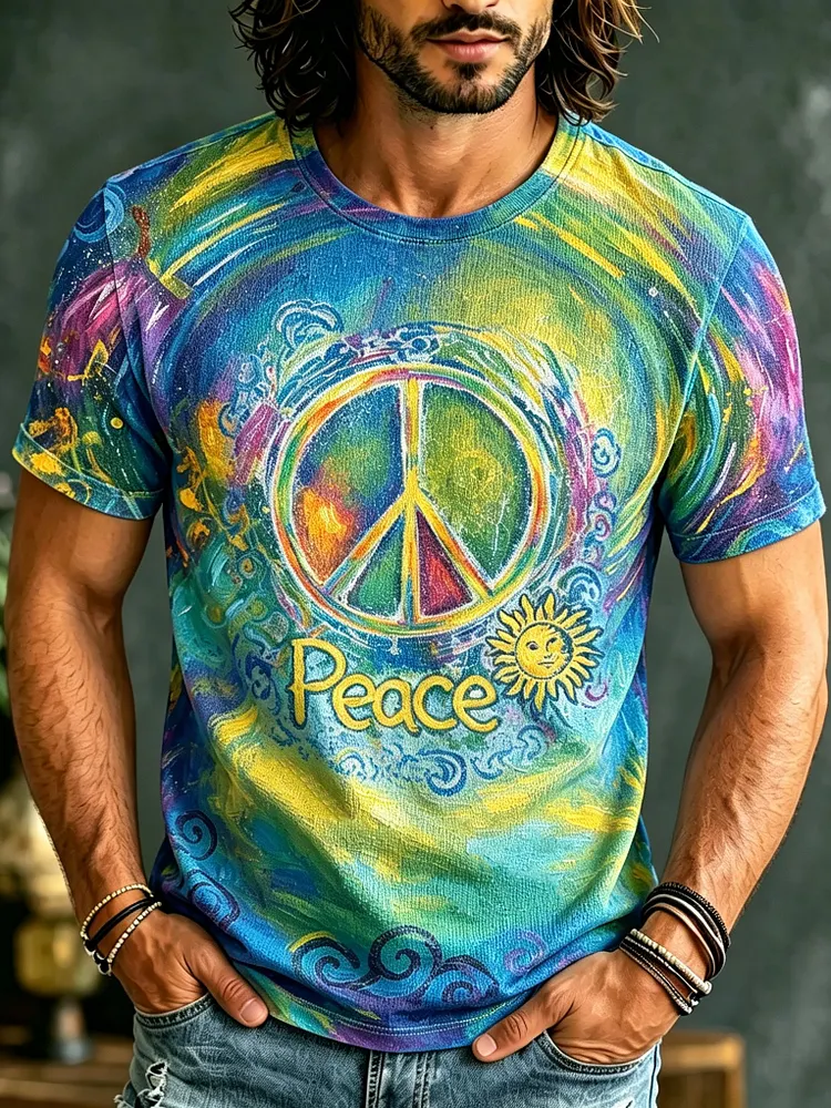 Men's Retro Hippie Style Peace Sign Print T-shirt