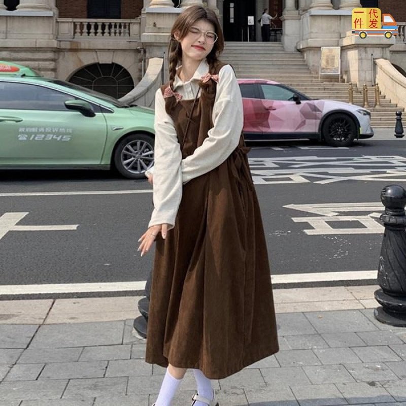 Preppy Style Strap Female Student Korean Loose All-match Mid-length Vest Skirt Single Piece Slip Dresses
