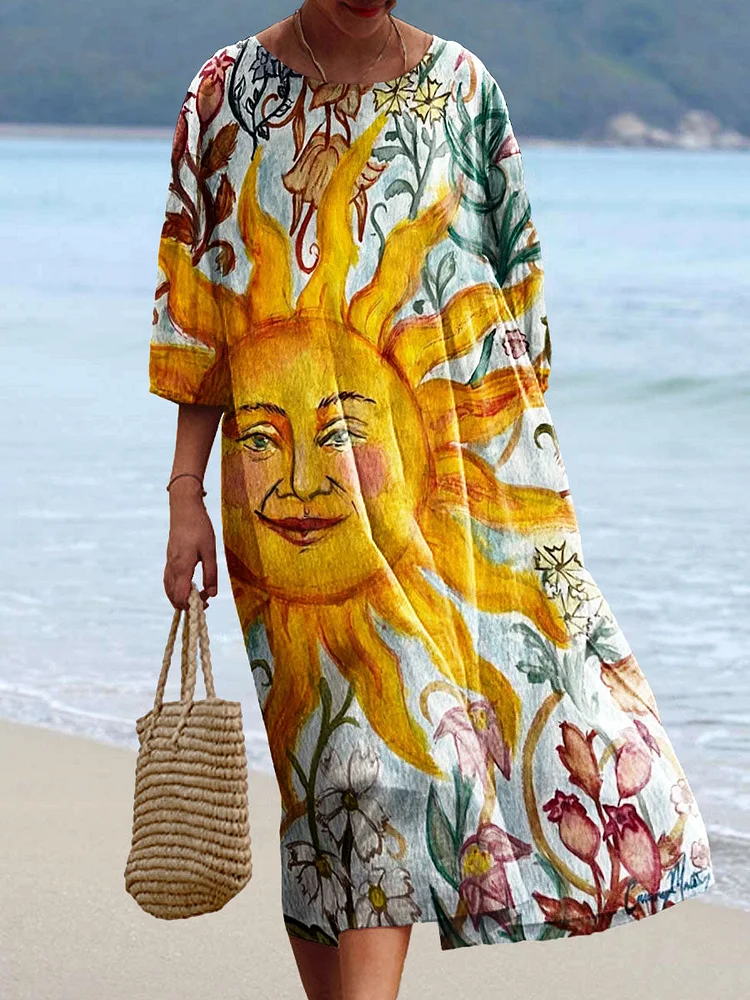 Women's Vintage Sun Flowers Art Print Flowy Cotton Crew Neck Dress