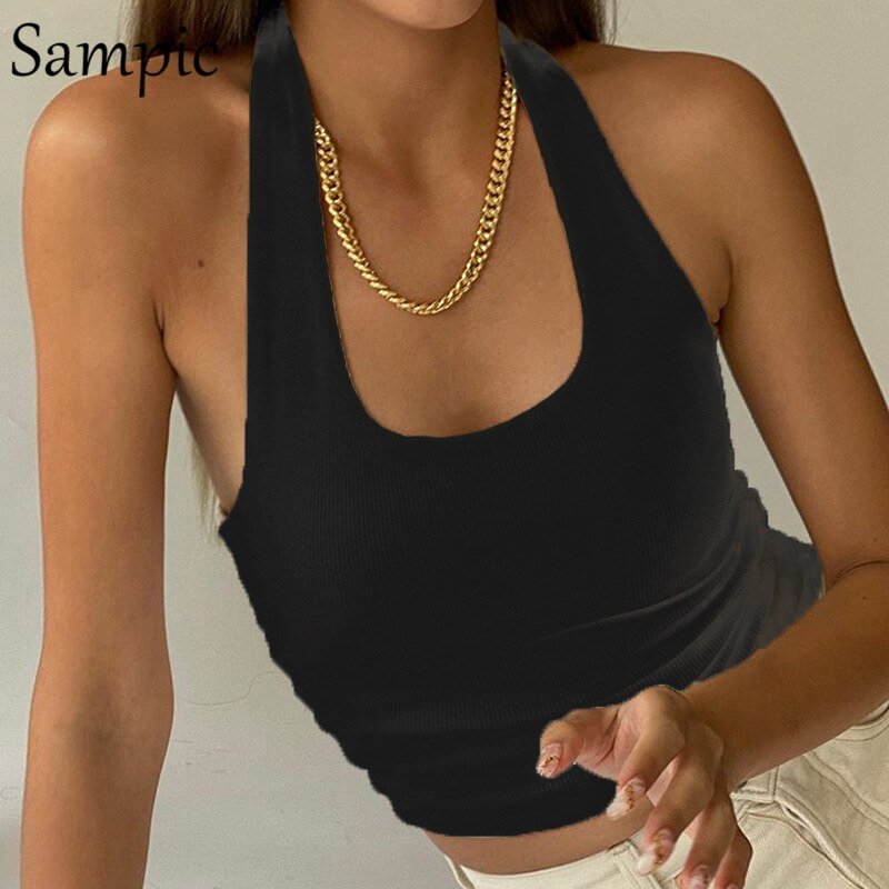 Sampic Sexy Women Knitted White Halter Off Shoulder Tank Tops 2021 Summer Black Skinny Club Basic Mini Vest Crop Tops
