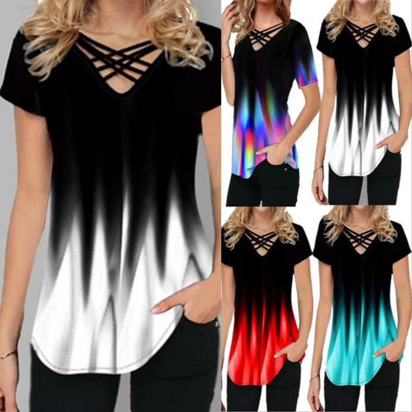Summer Women's Fashion Loose Casual Short Sleeved Floral Gradients Printed V- Neck T Shirt & Blouses Tops - Chicaggo