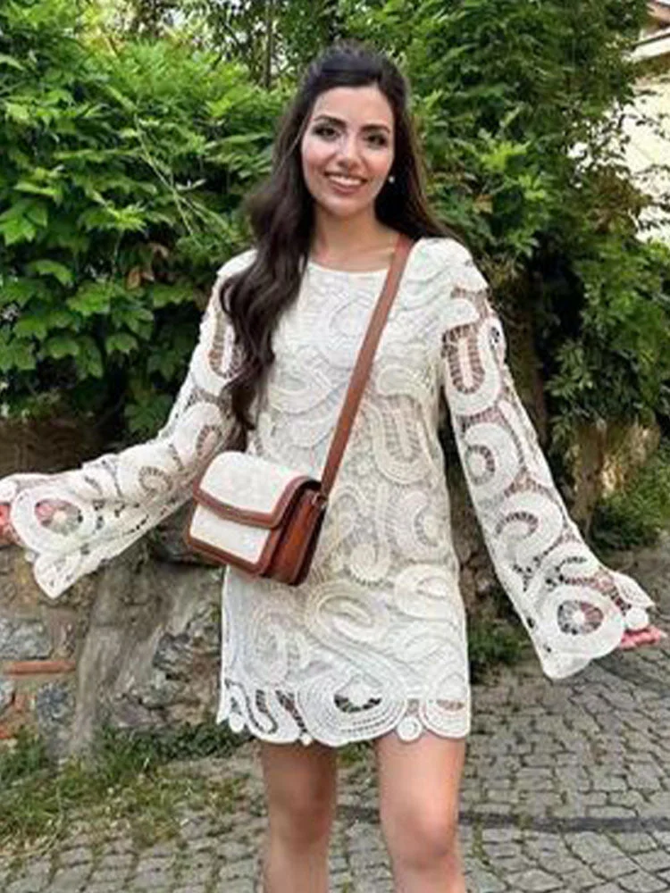 Huibahe Hook Flower Hollowed Out Women's Mini Dress Fashion Round Neck Long Flare Sleeved Dresses 2023 Summer Lady Elegant Vestido