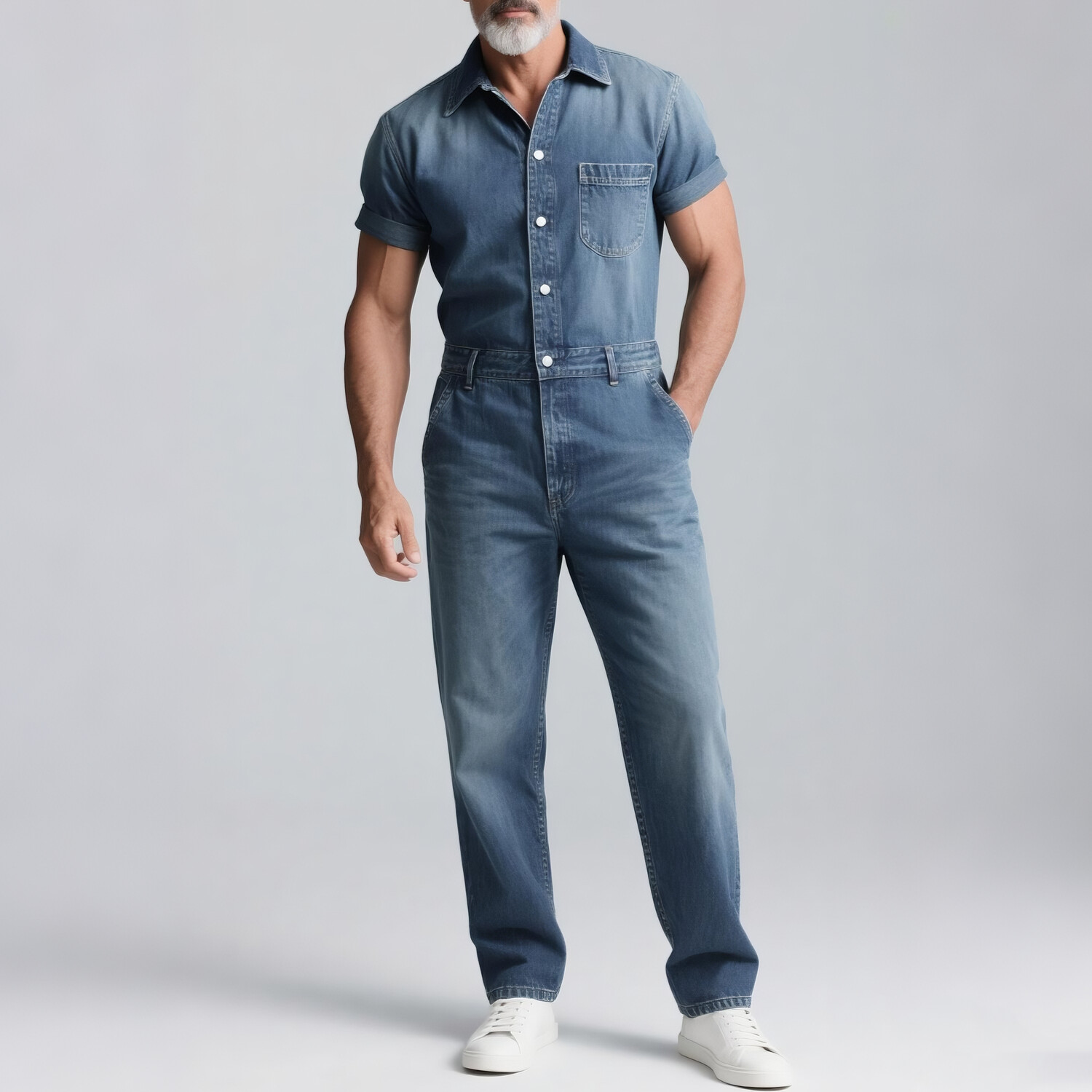 Men's Denim Shirt Collar Short Sleeve Button Pocket Jumpsuit