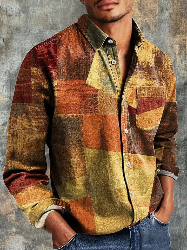 Men's Vintage Irregular Geometric Art Print Long Sleeve Pocket Shirt