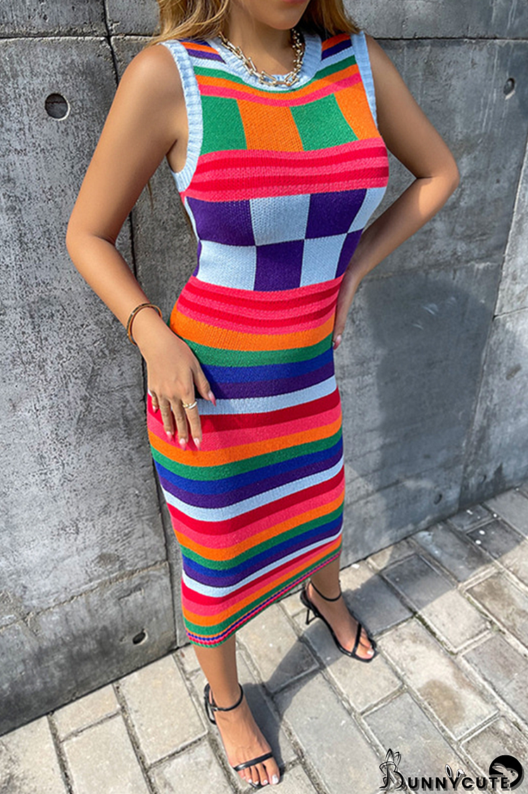 Colour Fashion Striped Patchwork O Neck Pencil Skirt Dresses