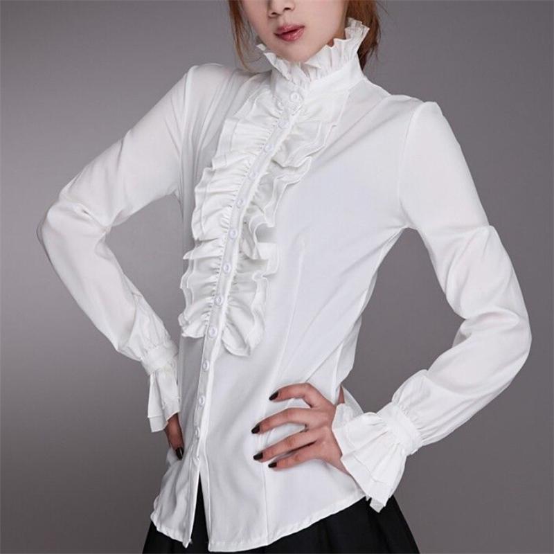 Rarove-Halloween Outfits Fashion Victorian Blouses Women OL Office Ladies White Shirt High Neck Frilly Ruffle Cuffs Shirts Female Blouse